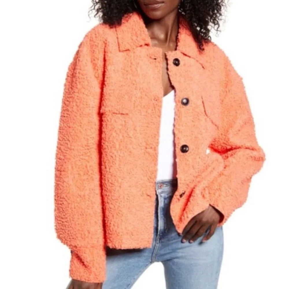 Endless Rose Teddy Shacket, Coral Colored, Size Large, Button Up, Side Slits - Picture 4 of 13